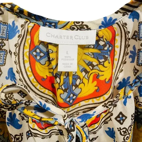 Charter Club Eclectic Hippie Blue Vermillion White Yellow Retro Medallion Blouse