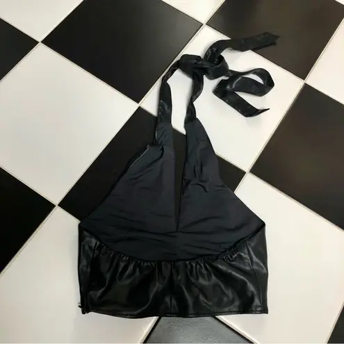 STAUD Kai Faux Leather Halter Crop Top Black Keyhole Twist Sleeveless Vegan sz12