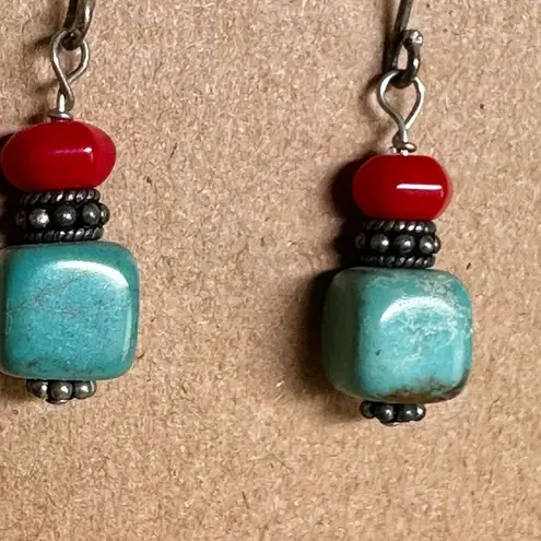 Sterling Silver Turquoise & Coral Dangle Earrings Blue
