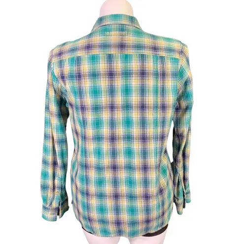 Duluth Trading Co Womens Shirt Top Plaid Button Down Collared Green Blue Large