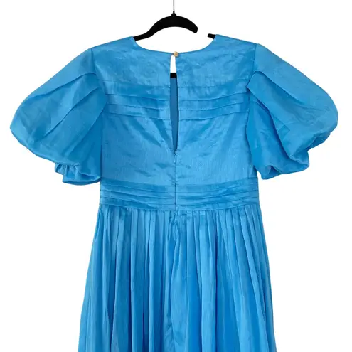 Aje Sylvia Dress Pintuck Midi Puff Sleeve Silk Linen Pleated Azure Blue Size 2