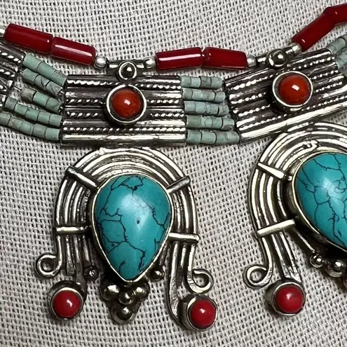 Vintage Turquoise & Coral Sterling Silver Necklace & Earrings Beaded Native