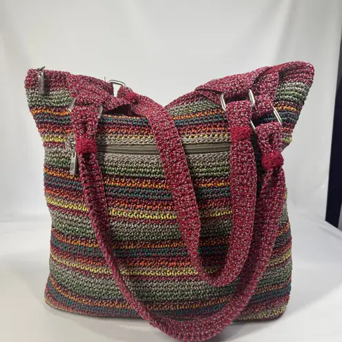The Sak Crochet Shoulder Bag Multicolor Red Strap Boho Tote Purse Handmade Look