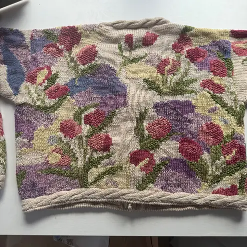 Peruvian Connection Pima Cotton Floral Knit Cardigan Sweater – Size S Cream