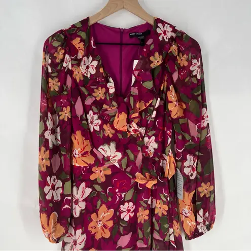 Maggy London Desert Bloom Floral Long Sleeve A-line Dress In Wine Ruffle Trim 2