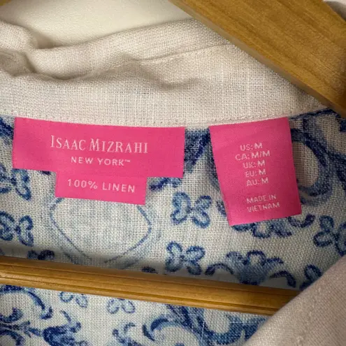 Isaac Mizrahi Isaac Mizrahi 100% Linen Medallion Tunic Top Medium Blue V-Neck Beachy Resort