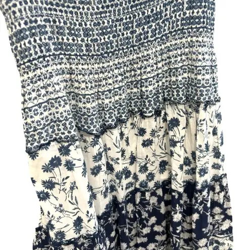 Mlle Gabrielle Mixed floral print boho smocked shirred midi maxi patchwork navy white dress
