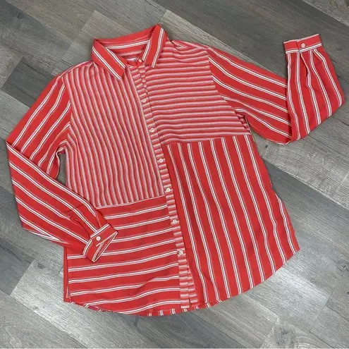 Charter Club Multi Stripe Pattern Block Button Front Blouse Coral White SP