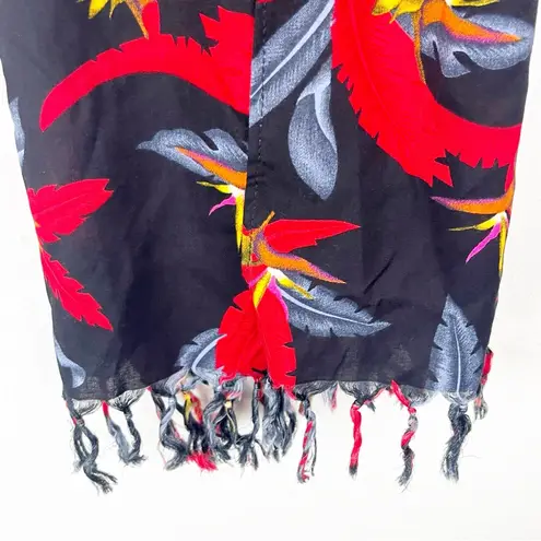 HIBISCUS COLLECTION HAWAII Black Tropical Floral Print Fringe Trim Scarf