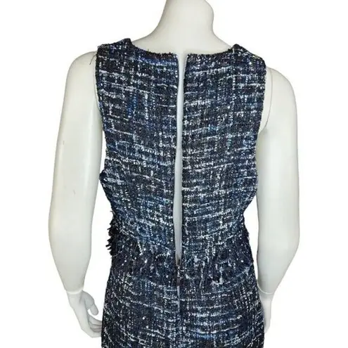 Julie Brown NYC Sleeveless Dress Lori Blue Oxford Tweed Fringe Metallic Size 8