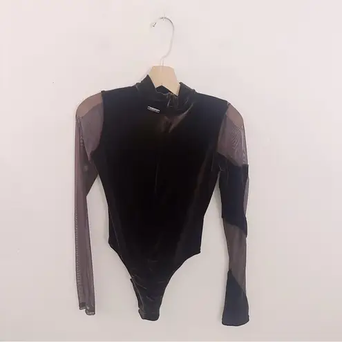 Maniere De Voir Bodysuit Sheer Brown Velvet Top Long Sleeves