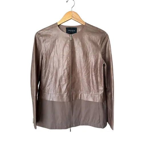 Lafayette 148 Two Tone Taupe Leather & Cotton Jacket Size S Brown