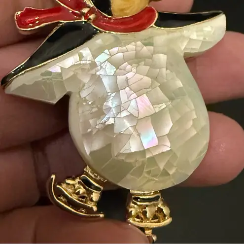 Vintage Unsigned Enameled Penguin Ice Skating Mosaic MOP Belly Brooch 23g. Red