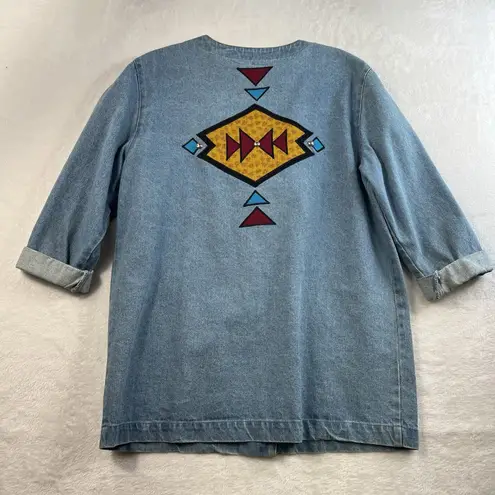 Vintage S Small Denim Jacket Southwest Aztec Embroidered Oversized Made in USA Blue