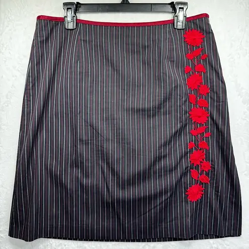 Vintage 90s Pinstriped Mini Pencil Skirt with Embroidered Red Floral by i.e. Black Size 14