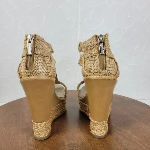 Kenneth Cole Reaction Womens Live It Up Sandals 6.5 Cream Woven Straw Wedge Heel Tan