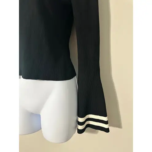 CAARA Black Ribbed Knit Bell Sleeve Sweater Slightly Cropped Top Size S