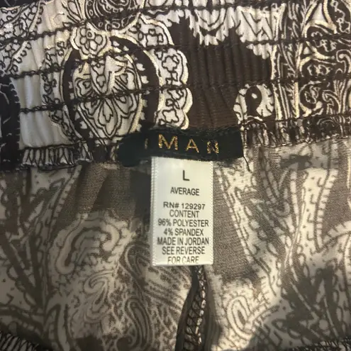 IMAN Easywear Pants SZ LG Brown Gold Trim Paisley Slinky Wide Leg Elastic Waist
