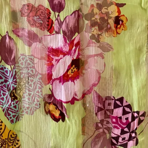 90s Vintage Marcrozier Paris Floral Print Silk Oblong Scarf Wrap, Green & Pink