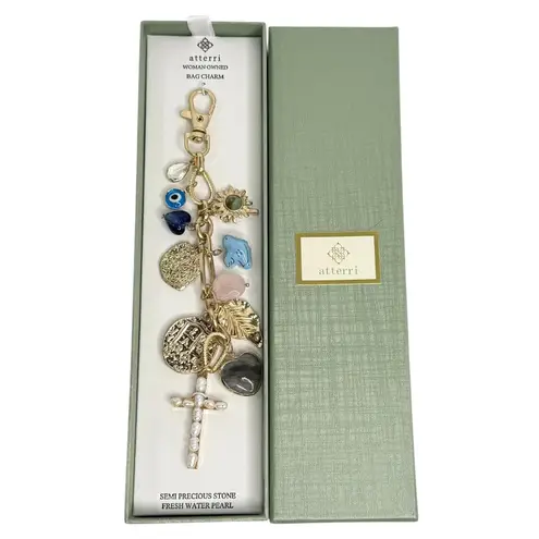 Atterri Bag Charm Stone Fresh Water Pearl Religious Cross Evil Eye Key Ring New Gold