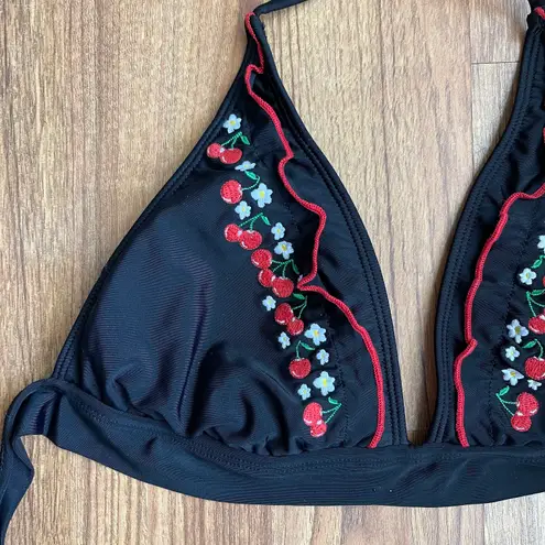 HOBIE Y2K Black Red Ruffle Embroidered Cherries Daisies Halter Swim Bikini Top Size L