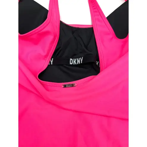 DKNY  NEON PINK Ruched Mesh-Contrast One-Piece Swimsuit 4 NWT $98