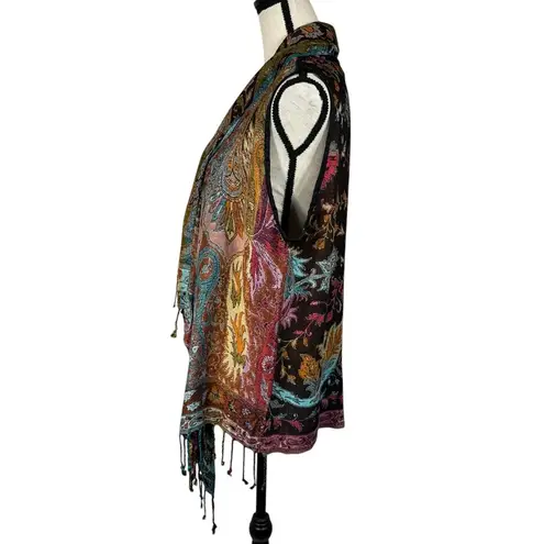 ANU Medium Artsy Vest Jacket Floral Reversible Draped Fringe Open Front Boho New Brown