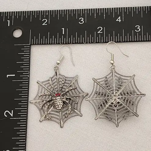 Silver Spider Web with Crystal Spider Dangle Earrings New