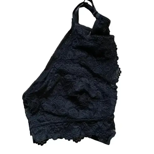 Jenny Jen Black Embroidered Floral Lace RACERBACK PADDED BRALETTE Spandex SZ L Black Size L
