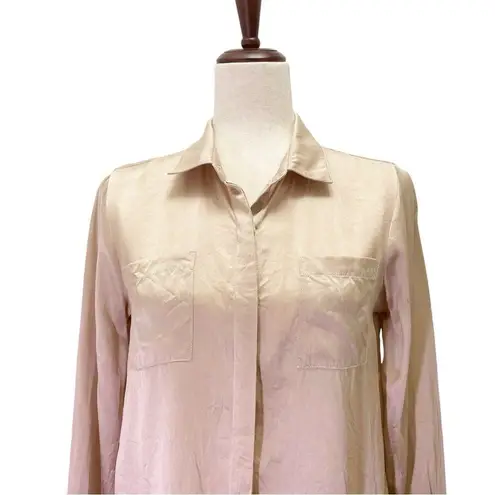 Garnet Hill 100% Silk Blouse Button Front Long Sleeve in Champagne Taupe Size 4