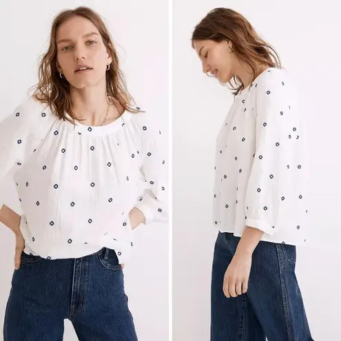Madewell NEW‎  Embroidered Lightspun Wide-Neck Cuffed-Sleeve Top, XS