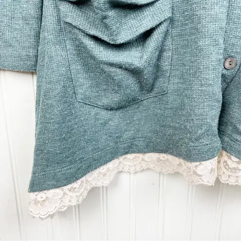 LOGO By Lori Goldstein Sage Green Waffle Knit Lace Hem Cardigan Sweater Size XS