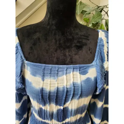 True Craft  Women Blue & White Cotton Square Neck Long Sleeve Top Blouse Size XS