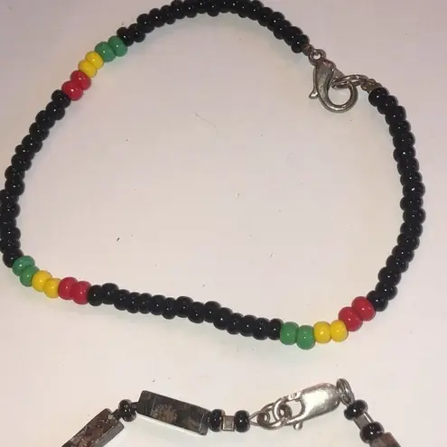 9” Ankle Bracelets Lot of 3 Black Red Yellow, Blue & Jasper Stone 925 Clasp