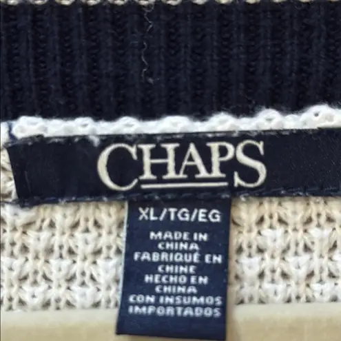 CHAPS  White & Navy Preppy Varsity Pull Over V-Neck Tennis 100% Cotton Sweater XL