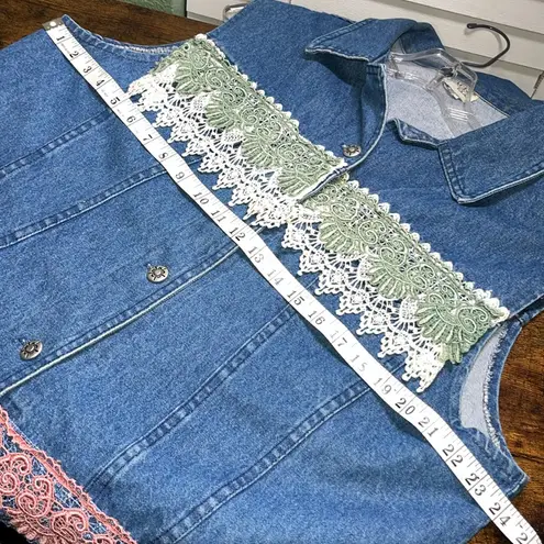Vintage Denim Vest with Lace Trim Crocheted Grandma Jean Jacket Size XL