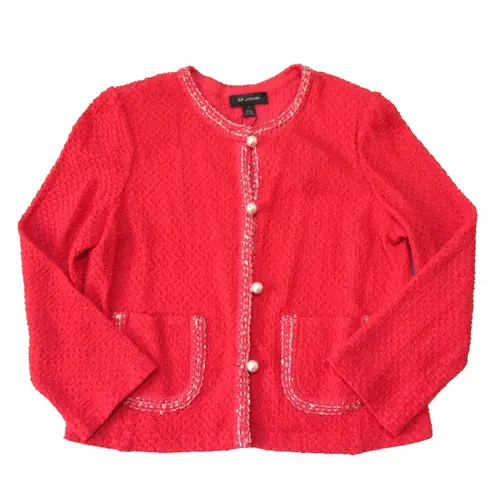 St. John NWT Basics Tweed Knit Jacket in Hibiscus Red Pearl Button Sweater 12