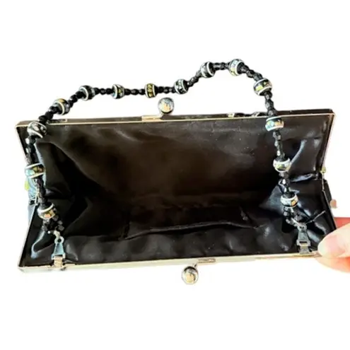 Chateau Black Satin Beaded Handle Clutch Purse Floral Embroidered Evening Bag