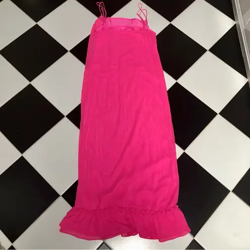 Line and Dot  Adelyn Hot Pink Maxi Slip Dress Square Neck Spaghetti Straps Ruffle L
