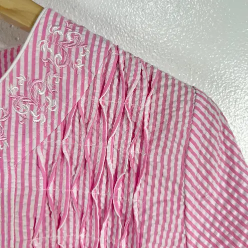 Miss Elaine Seersucker Robe Embroidered Zip Front Lounger Pink Seersucker Small Size undefined