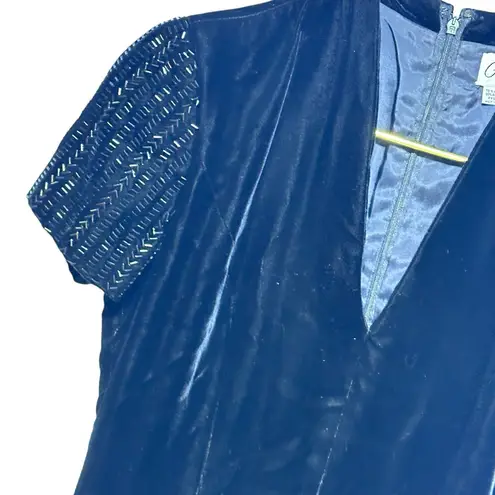 Stunning Velvet Sequin Short Sleeve Full Length Dress W/Sexy High Slit Vintage 8 Black