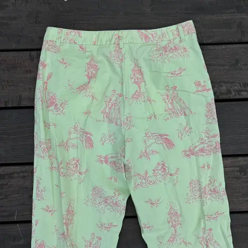 J. McLaughlin  Cotton Bright Green w/ Pink Floral and Farm Graphic Print Trousers