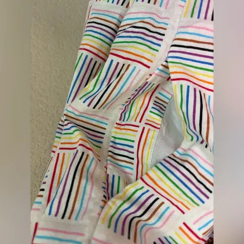 Rainbow Stripe Linen Blend Tiered Hem Pocketed Sun Dress XS White