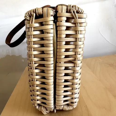 VTG Rattan Basket Square Handbag 80s Sturdy Eco Friendly Leather Strap Cream Brown