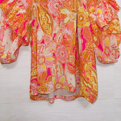 Dress Forum Women's Size Small Orange Floral Print Chiffon Ruffle Sleeve Top
