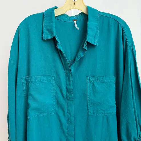 YFB Clothing Teal Green Linen Rayon Shirt Dress Pockets Collared Medium