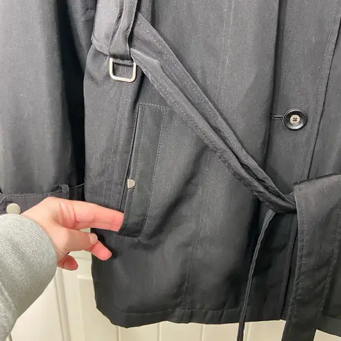 Dana Buchman EUC women’s black full button zip belted long lengthy jacket coat