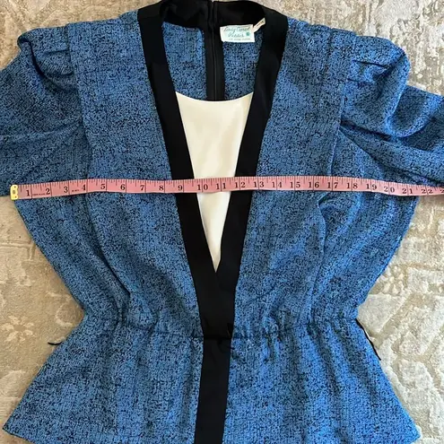 Vintage 80s Lady Carol Blue Peplum Puff Shoulder Dress Set Retro Career Chic Size L