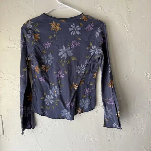 Gloria Vanderbilt Y2k Shirt Small Blue Floral Long Sleeve Stretch Top Casual