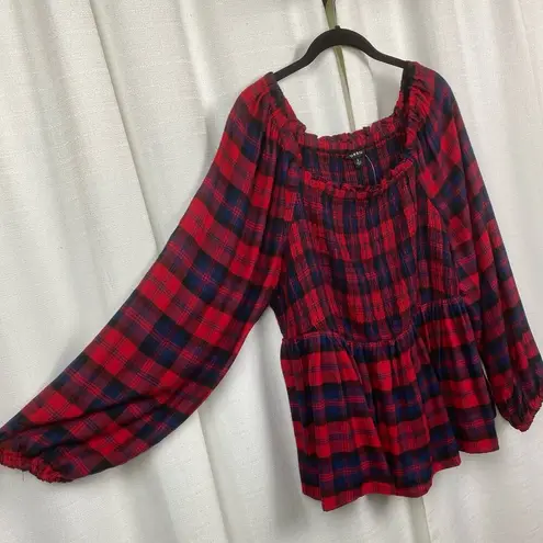 Torrid  Red Plaid Brushed Rayon Acrylic Smocked Babydoll Top Sz.2 NWT